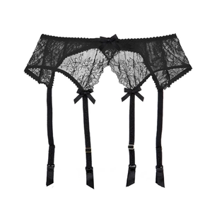 Sexy black floral lace garter belt with four adjustable straps and silk bow accents