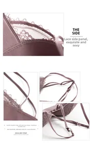 Détail du soutien-gorge en dentelle violet foncé avec texture mesh et bretelles croisées