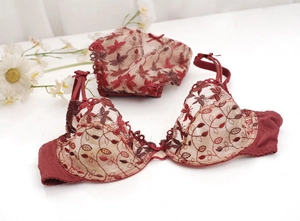 Ensemble de lingerie en dentelle bordeaux avec broderies florales et nuds décoratifs