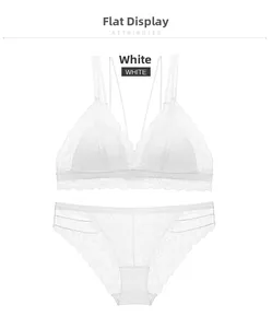 Flat lay of white floral lace lingerie set featuring triangle cups and strappy back details