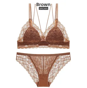 Detailed macro view of a brown floral lace lingerie set with wireless triangle bra