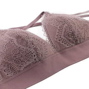 Ensemble bralette en dentelle violet foncé pour femme avec motifs floraux et bande élastique