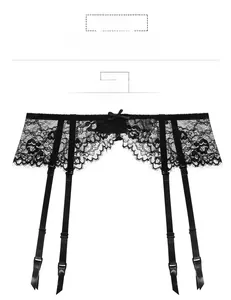 Detailed close-up of black floral eyelash lace garter belt with a small bow and adjustable clips
