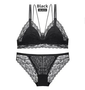 Detailed view of black floral lace lingerie set with bralette and matching panties