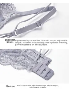 Detail of adjustable straps and three-row hook closure on floral lace lingerie set