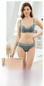 Detail view of lace lingerie set in blue-gray with 3/4 cup push-up bra and matching panties
