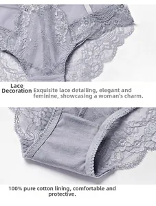 Detailed macro view showing delicate lace edges and a 100% pure cotton inner crotch lining