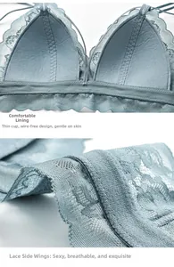 Detail showing breathable lace side wings and soft non-wired thin cups in light blue