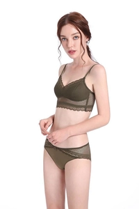 Detail of army green lace lingerie set featuring mesh texture and delicate scalloped edges
