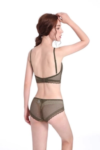 Rear view of dark green lace lingerie set with thin straps and sheer mesh detailing