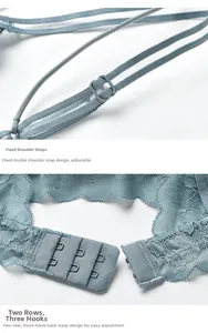 Detail view of adjustable straps and three-row metal hooks on grey lace bra