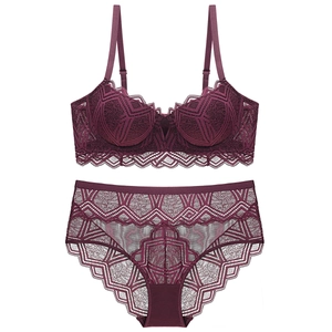Elegant deep purple lace balconette bra and high waist panties set on white background