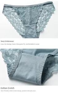 Close-up of blue-gray lace panties showing intricate floral mesh and soft cotton crotch lining