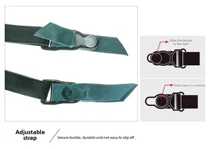 Detail of adjustable buckle and elastic strap on lace garter belt with usage instructions