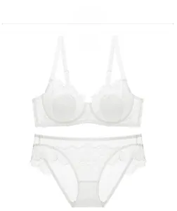 Flat lay of white lace lingerie set featuring floral embroidery and mesh details