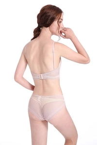 Detailed back view of sexy pink lace triangle bralette set with adjustable straps