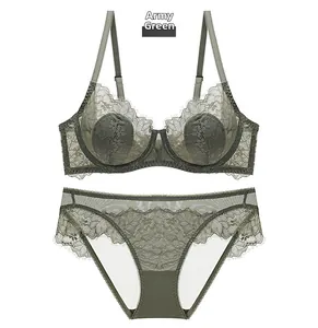 Detailed flat lay of green lace lingerie set with underwire bra and matching panties