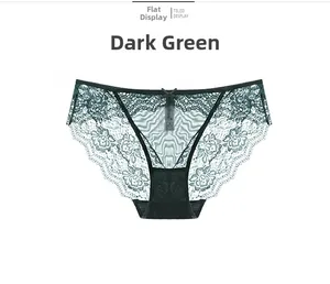Detailed view of dark green transparent mesh lace panties with a silk bow decoration