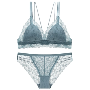 French Sexy Lace Bra And Panty Lingerie Breathable Mesh Floral Embroidery Triangle Cup No Wire Underwear For Women Daily