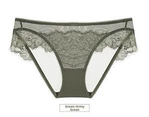 Detail of army green sheer lace panties with fine floral patterns and eyelash lace edges