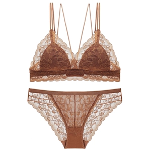Sexy dark brown lace lingerie set featuring triangle cup bra and matching panties