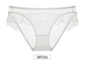 Close-up of white sheer floral lace panties with delicate eyelash lace trim and embroidery