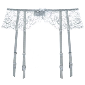 Elegant floral lace garter belt in silver gray with adjustable straps and silk bow detail