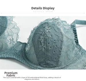 Detailed view of floral embroidery and eyelash lace on a sheer grey-blue bra cup