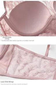 Detail of soft cotton lining and breathable lace wings on a lavender lace bra
