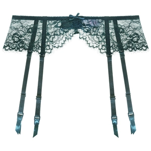 Deep green eyelash lace garter belt with adjustable straps and bow accent for women