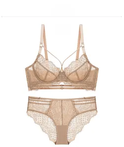 Detail-Flachbild-Ansicht eines champagnerfarbenen Spitzen-Lingerie-Sets mit transparenten Cups