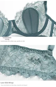 Detail of the breathable floral lace material and the soft inner cotton cup structure