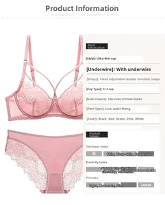 Detailed view of pink ultra-thin lace bra with underwire and matching briefs