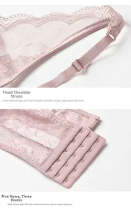 Detail of adjustable straps and five-row hook-and-eye closure on lace lingerie