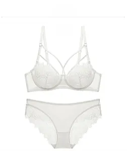 Detailed view of white lace lingerie set featuring underwire bra and eyelash trim panties