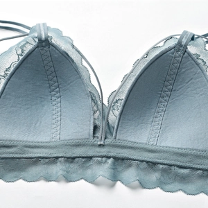 Elegant grey-blue lace triangle cup bra with floral patterns and soft cotton lining