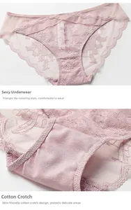 Detail of pink floral lace panty featuring scalloped edges and breathable cotton lining