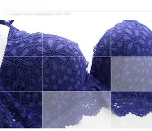Detailed close-up showing the intricate floral lace embroidery on this deep blue bra