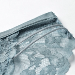 Grey blue sexy lace lingerie set with wireless triangle cups and delicate hollow patterns