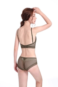 Lace lingerie set with dark green mesh triangle cup bra and matching panties on model