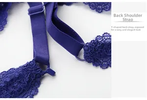 Detail of purple lace bra featuring Y-shape adjustable back straps and eyelash lace trim