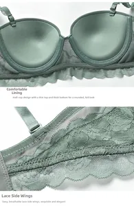 Detail of push-up cups and breathable floral lace side wings on a green lace bra