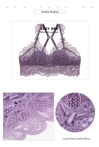 Detailansicht lila florale Spitze mit Satinschleife und kabellosem BH-Design