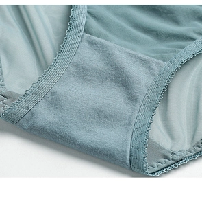 Detailed macro view of gray-blue breathable mesh with delicate floral lace trim