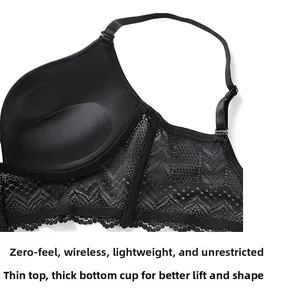 Close-up of black wireless push-up bra with lace pattern and graduated padding