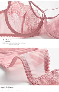 Macro shot of breathable lace cups and elastic mesh wings on pale pink lingerie