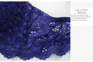 Close-up of breathable navy blue floral lace wings on a wireless embroidery bra
