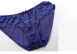Detail of dark blue mesh panty featuring intricate lace trim and silky fabric stitching