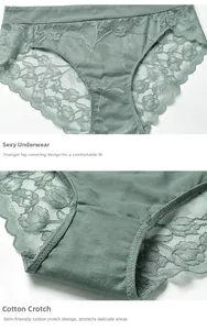 Detail view of floral lace texture and comfortable cotton crotch on green panties