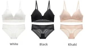Detailed close-up of lace triangle bra sets in white, black and khaki colors
